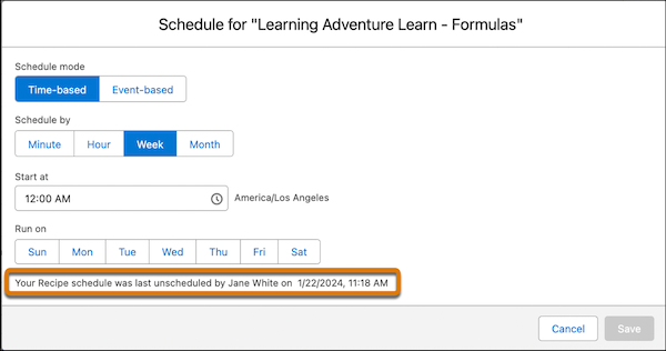 The scheduler with audit information on who deleted the schedule and when.
