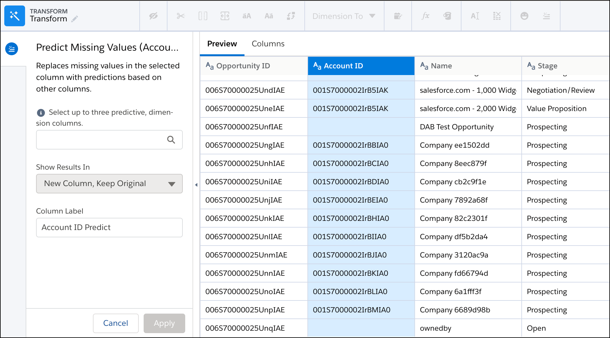 The Predict Missing Values panel is where you set up the transformation.