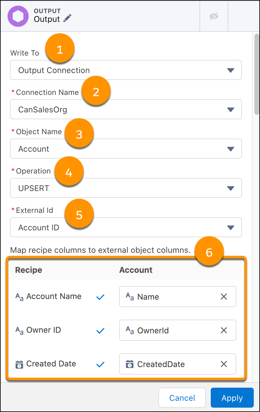 A Data Prep output node configured with a Salesforce output connection.