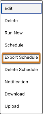 The Export Schedule option in the recipe action dropdown.