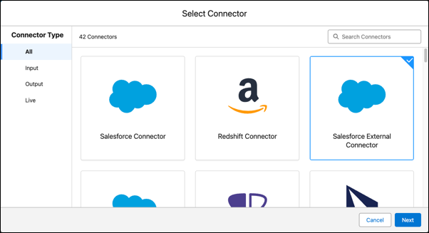 The Select Connector dialog showing a list of connectors with the Salesforce External Connector selected.