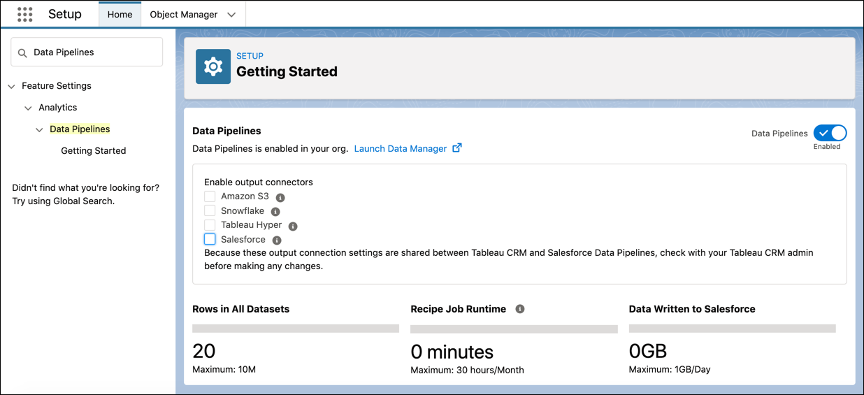 The Getting Started page after Data Pipelines has been enabled showing options to enable the output connectors and details of product use and limits.