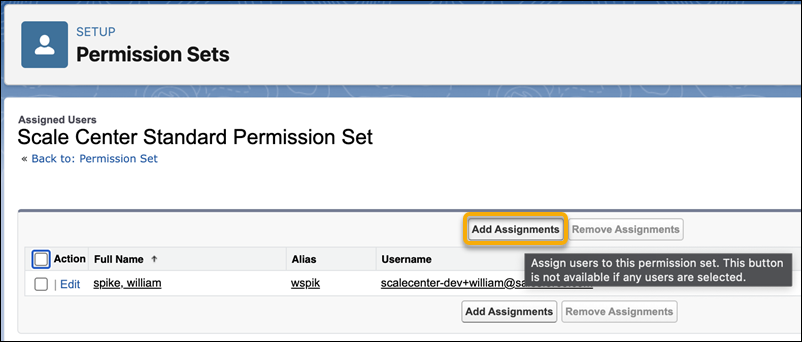 The Add Assignments button on the Permission Sets page in Setup
