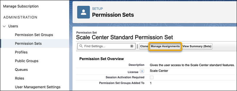 The Manage Assignments button on the Permission Sets page in Setup