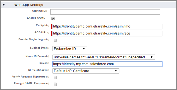 web app settings for the connected app