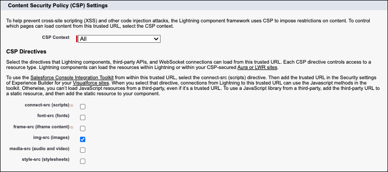 The CSP Settings section of the Trusted URL page.