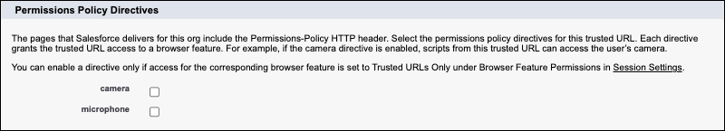 The Permissions Policy Directives section of the Trusted URLs page.