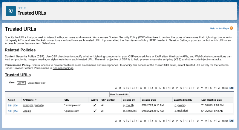 The Trusted URLs Setup page