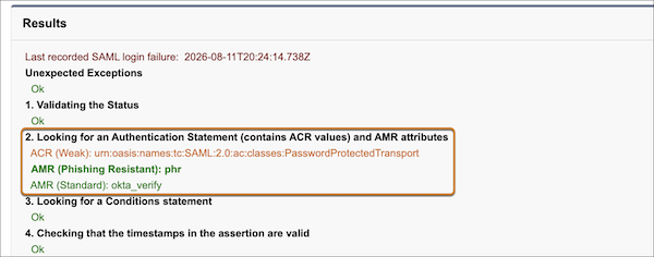 SAML Assertion Validator results with weak and phishing-resistant values