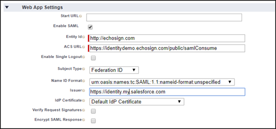 Ajustes de aplicación web de la aplicación conectada.