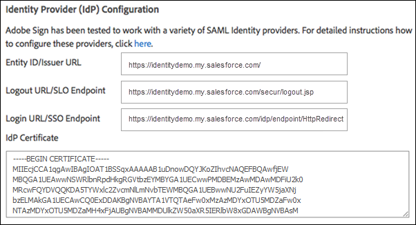 Configuración de SAML de proveedor de identidad en Adobe Sign