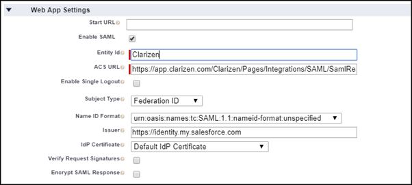 configurações de aplicativo da Web para o aplicativo conectado