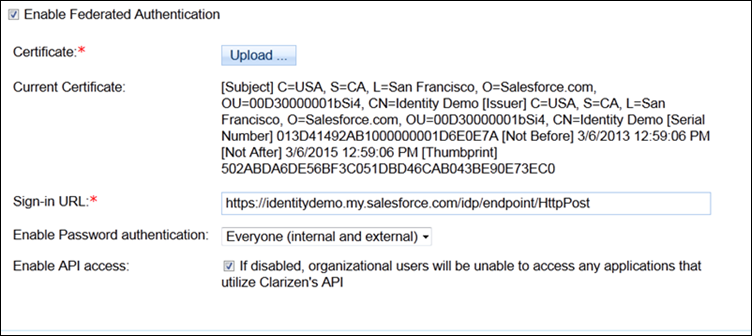 Configurações de SAML para Clarizen
