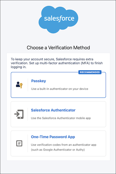 Choose a Verification Method page with options to set up a passkey, Salesforce Authenticator, or a one-time password app