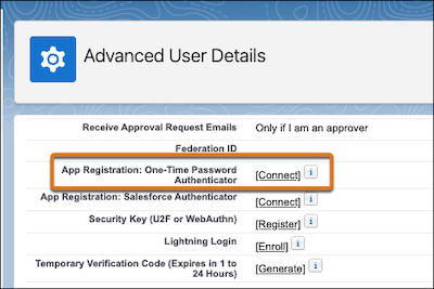 Advanced User Details page with "App Registration: One-Time Password Authenticator" setting highlighted