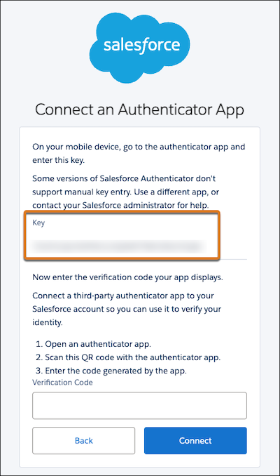 Connect an Authenticator App screen with key highlighted