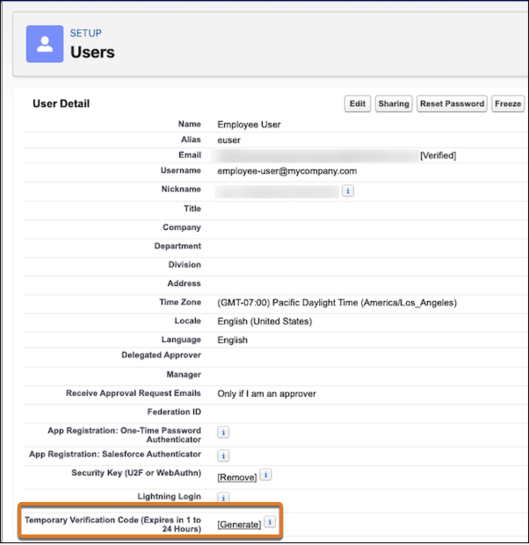 User detail page with temporary verification code option highlighted