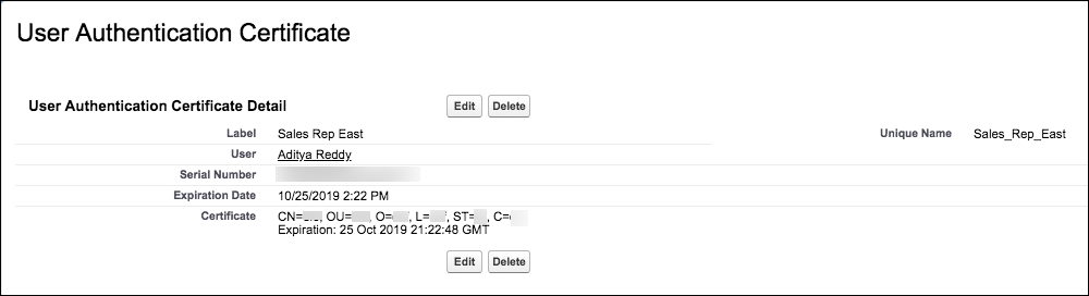 View details about a user authentication certificate