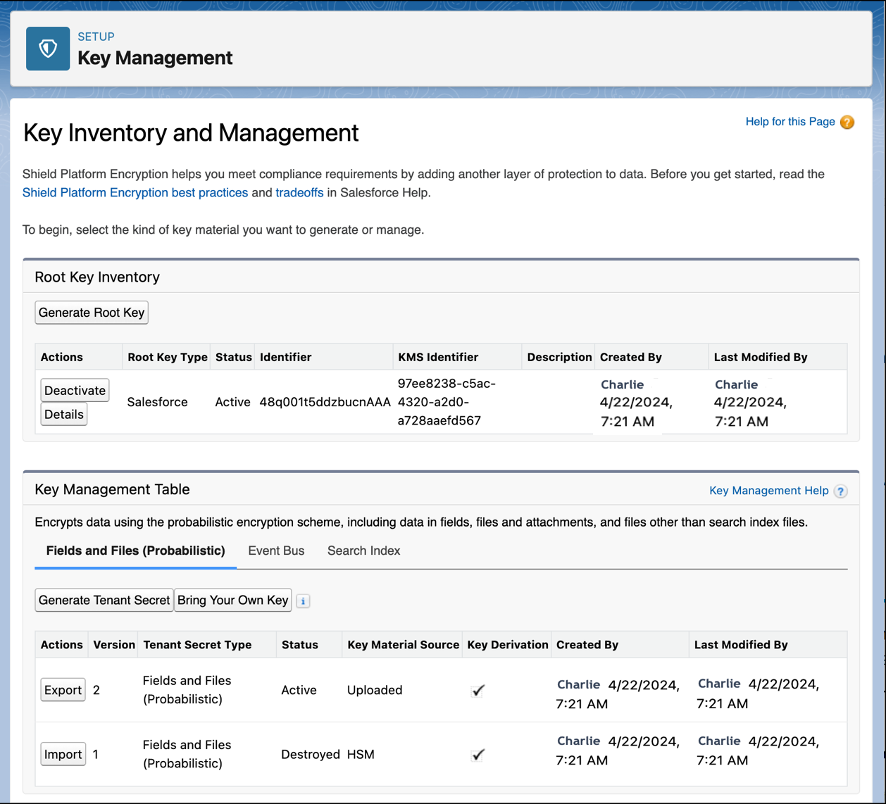 Key Management panel