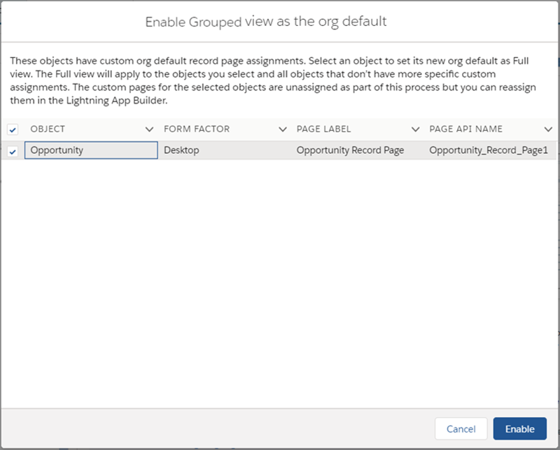 Ein Popup-Fenster zum Aktivieren Ihrer ausgewählten Ansicht für Datensatzseiten, die bereits über benutzerdefinierte Zuweisungen verfügen