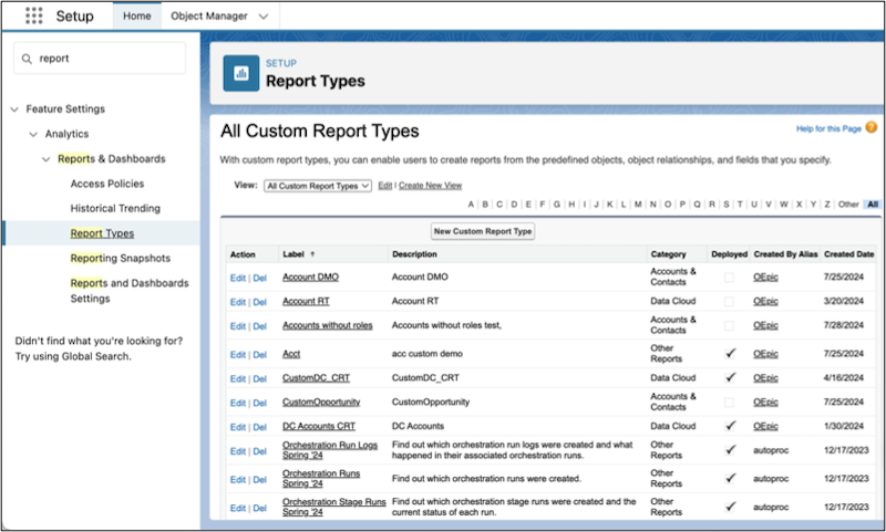 Landing page of legacy custom report type builder