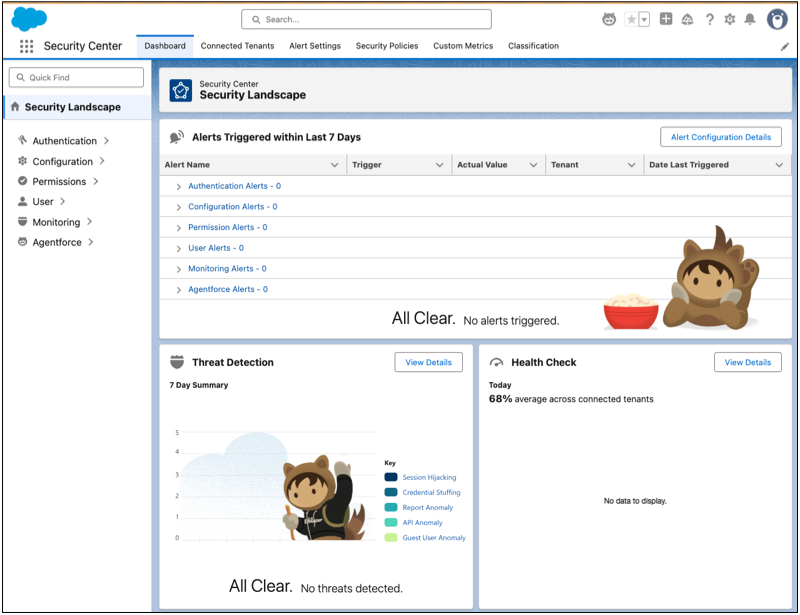 [Security Center Security Landscape view with metric category cards.]
