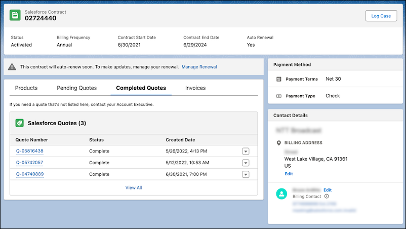 Access completed quotes on the Salesforce Contract page