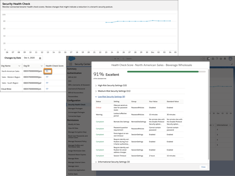 A tenant's Health Check setting information displays inside the Security Center app.