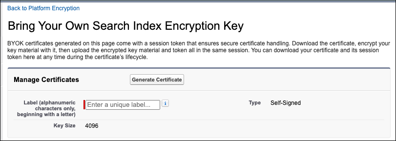 BYOK-compatible self-signed certificate settings