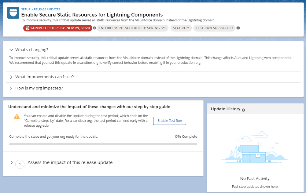 The start page for a release update where you can take actions on it.