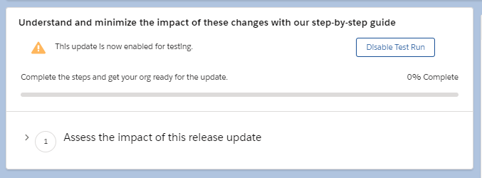 A portion of the release update screen with the test run button enabled.