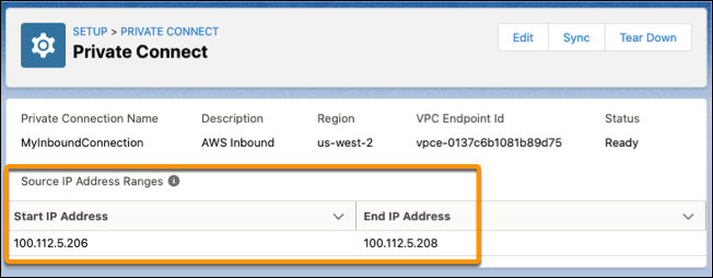 Página de conexión entrante en Configuración con lista de IP de origen resaltada.