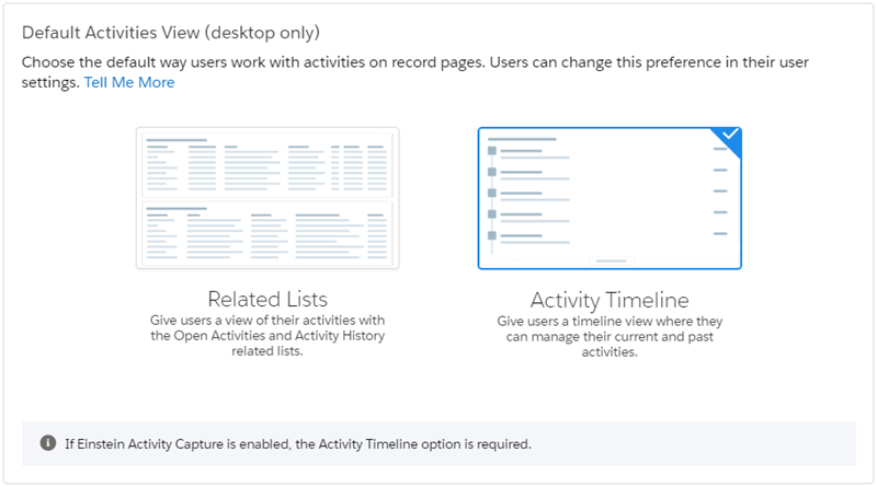 Página de configuración Configuración de página de registro, mostrando las dos opciones de vista de actividades predeterminadas, listas relacionadas y cronología de actividades.