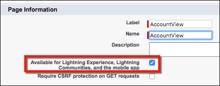 Captura de pantalla de la casilla de verificación "Disponible para Lightning Experience, Comunidades Lightning y la aplicación móvil"