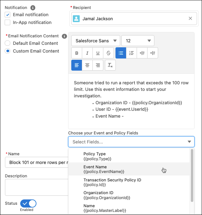 Notificación de email personalizada con datos de eventos rellenados.