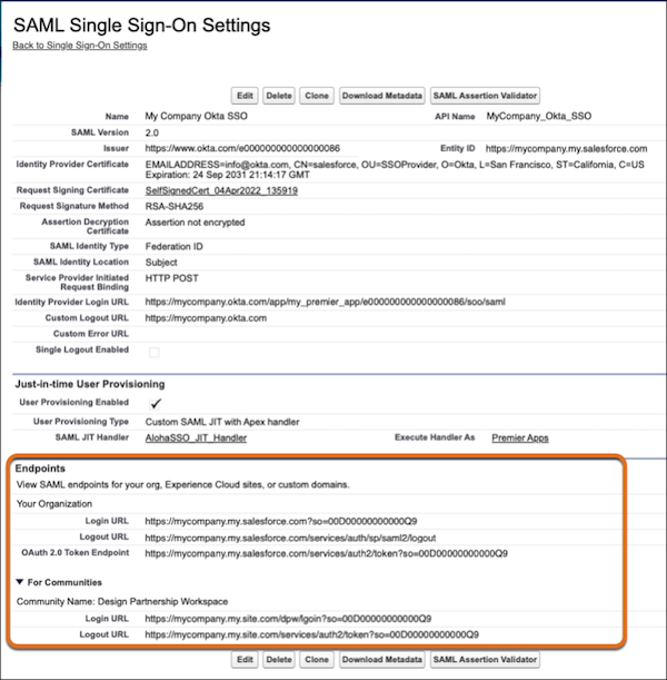La page Paramètres d’authentification unique SAML avec la section Points de terminaison entourée.