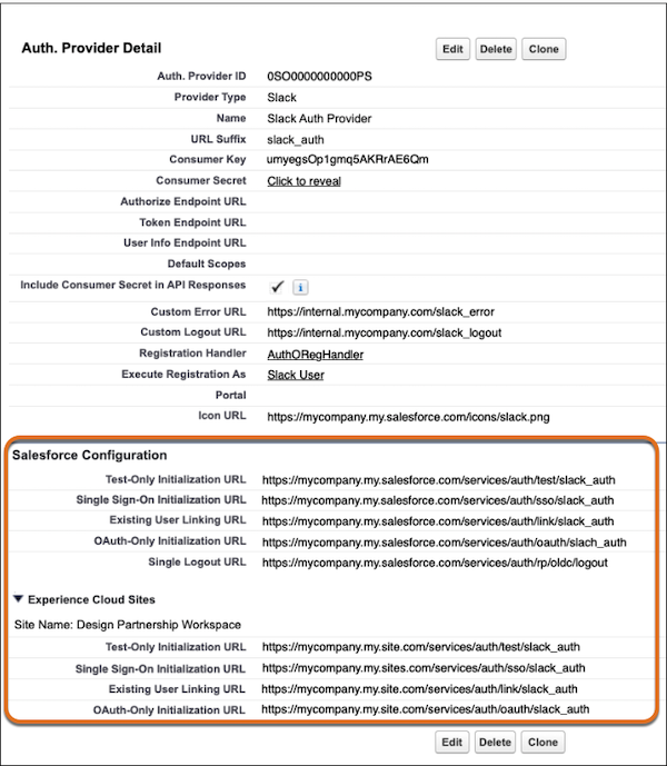 Het scherm Detail van Auth.-leverancier met de sectie Salesforce-configuratie omcirkeld.