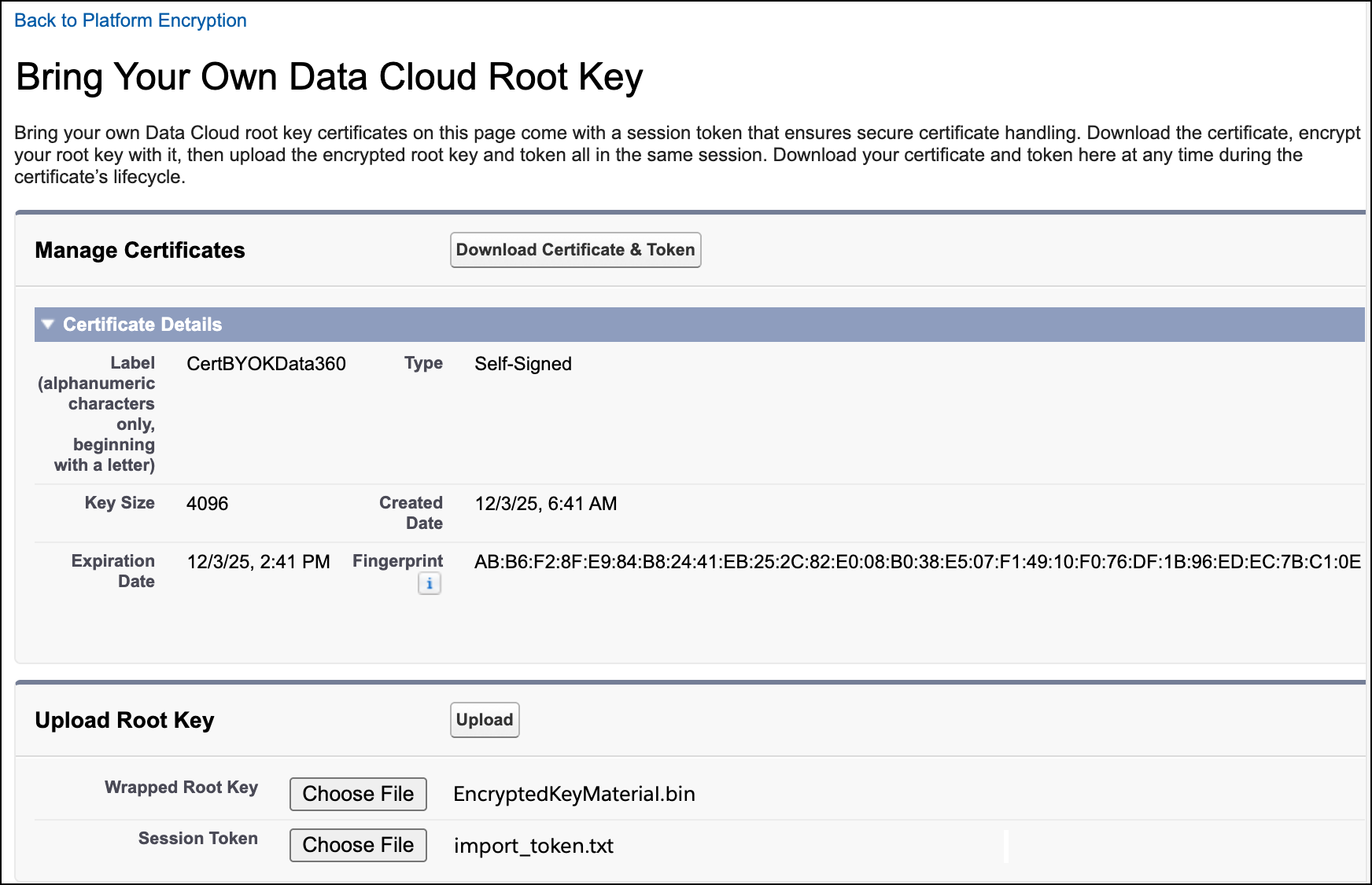 Rootsleutel en importtoken uploaden voor Data 360