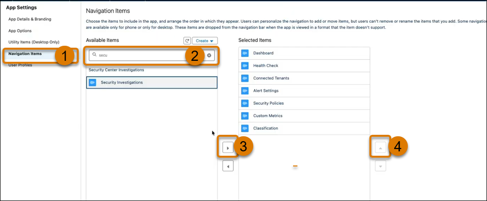 Add the Security Investigations tab to Navigation Items.