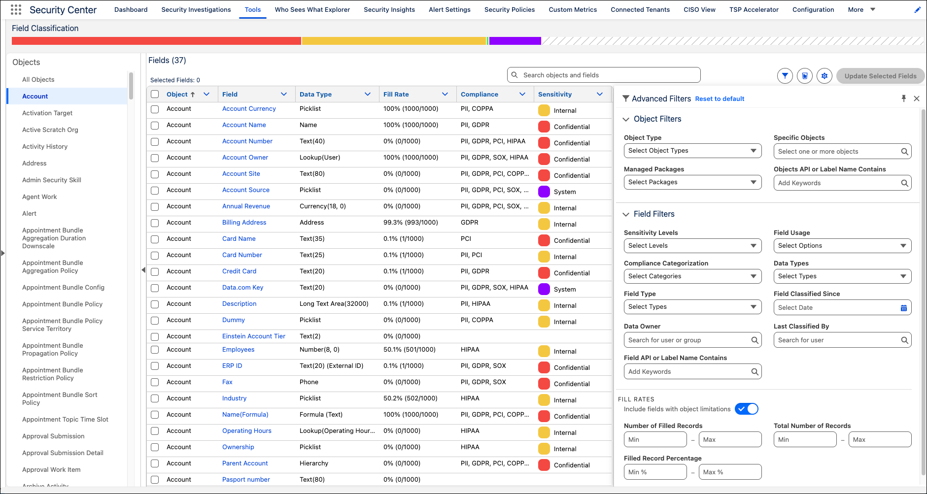 Security Center Field Classification feature showing classified fields with filter options pinned to the page.