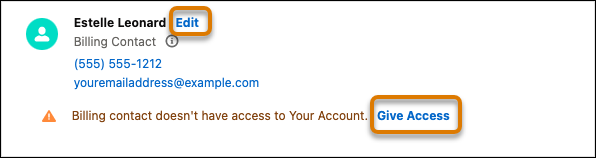 Billing Contact info with highlights of Edit and Give Access