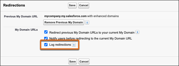 My Domain Redirections settings in edit mode with the Log redirections option circled.