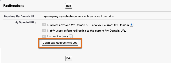 The My Domain Redirections section in view mode with the download button circled.