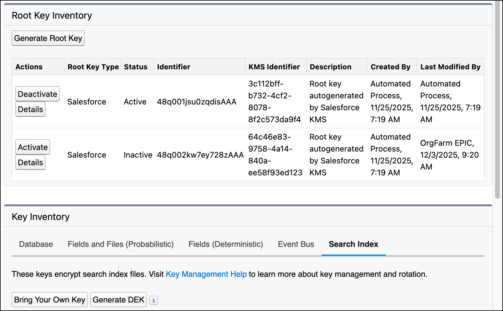 Key Inventory and Management Setup page, showing Search Index keys