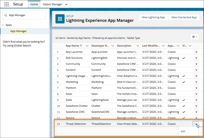 Lightning Experience App Manager with Threat Detection app highlighted