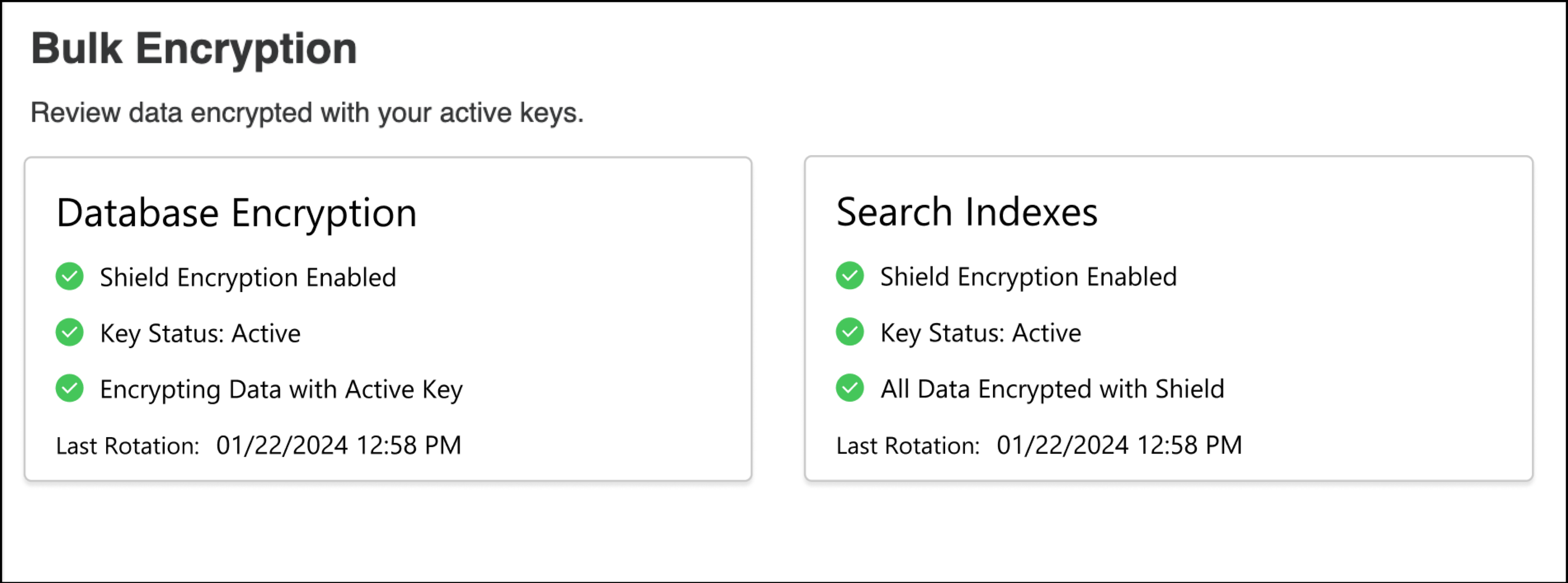 Cards listing summary statistics about databases encrypted in bulk by a single key.