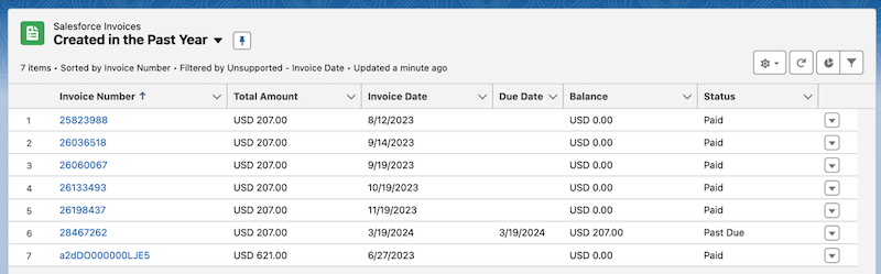 Invoice list with filters highlighted
