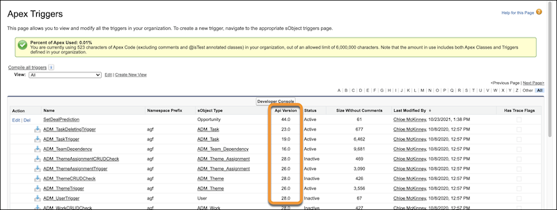 Apex Triggers Setup page with the version column circled.