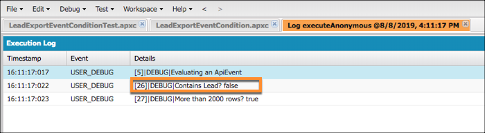 Developer Console showing debug logs