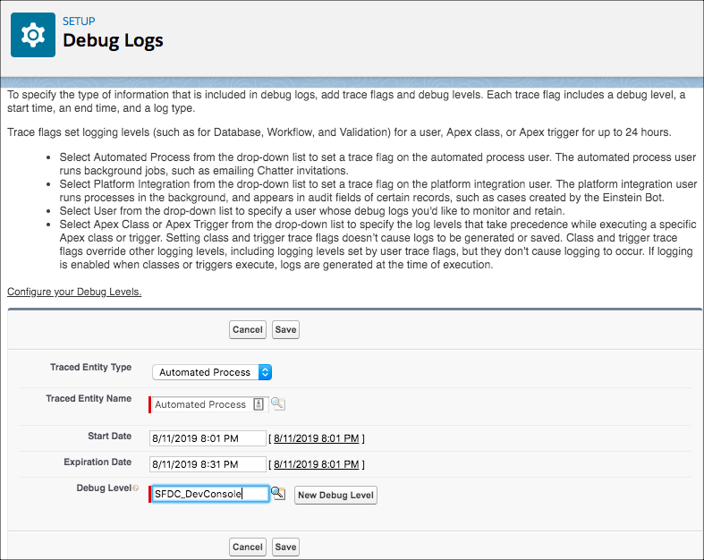 Setup Debug Logs page showing new user trace flag